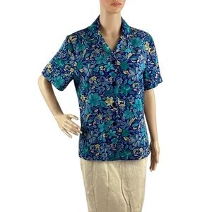 Sag Harbor Vintage Floral Button Up Top Blue Teal Small